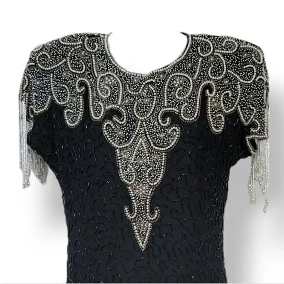 NEW 80s Vintage Lawrence Kazar 100% Silk Beaded and Pearls Evening Gown in Black - Picture 8 of 14